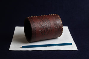 Faux leather qalam pen stand with Persian calligraphy - burnt sienna