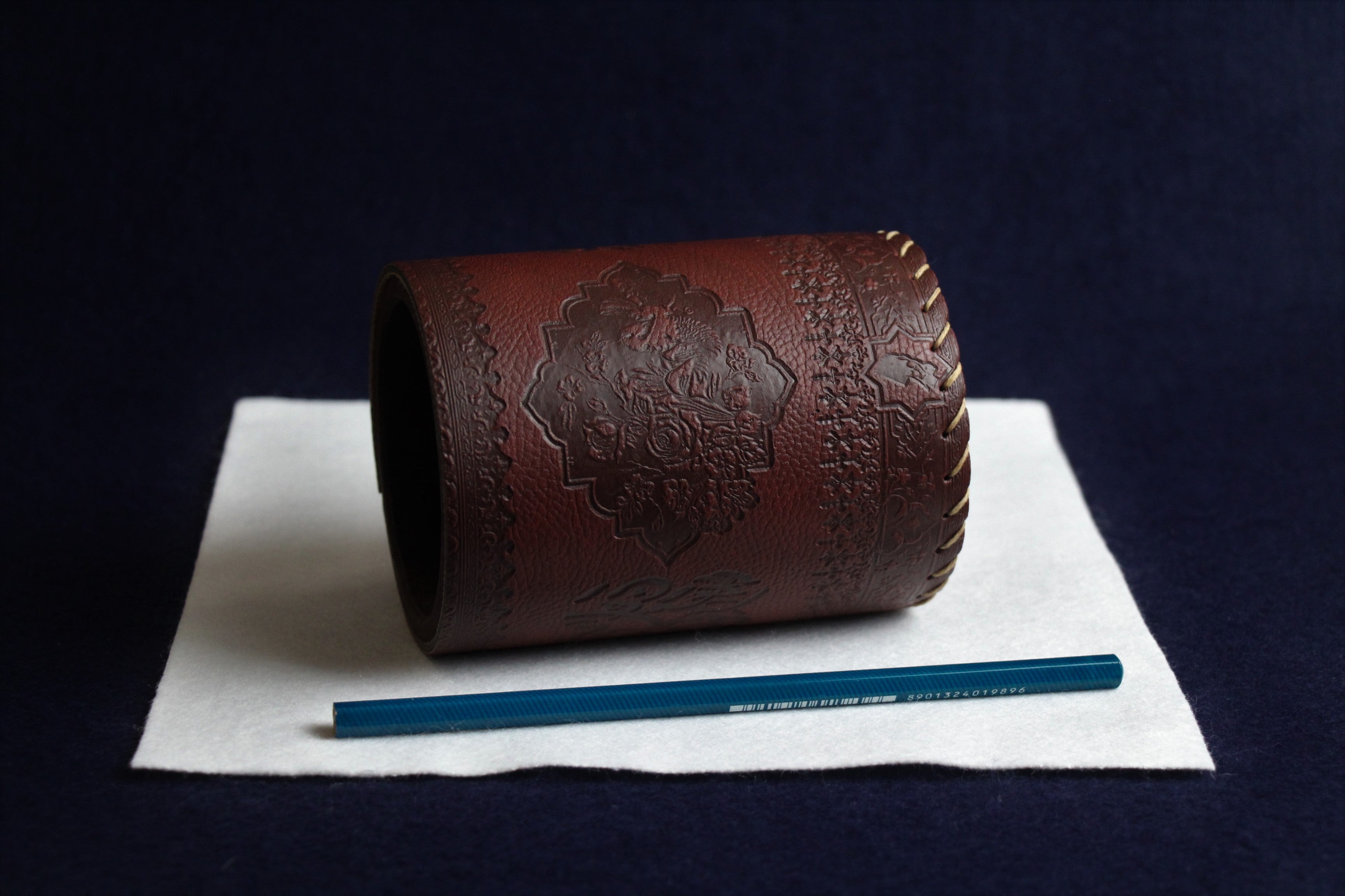 Faux leather qalam pen stand with Persian calligraphy - burnt sienna