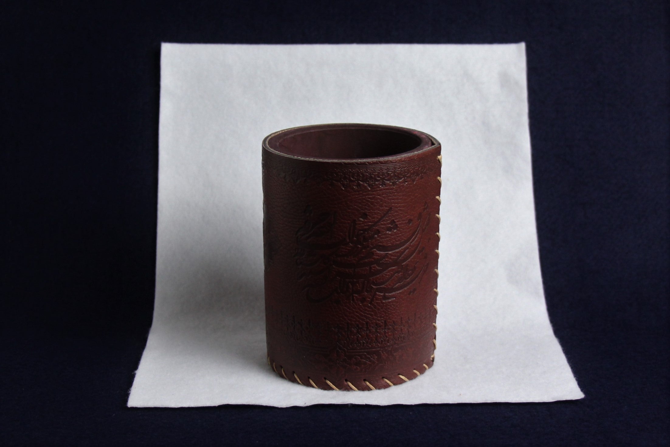 Faux leather qalam pen stand with Persian calligraphy - burnt sienna