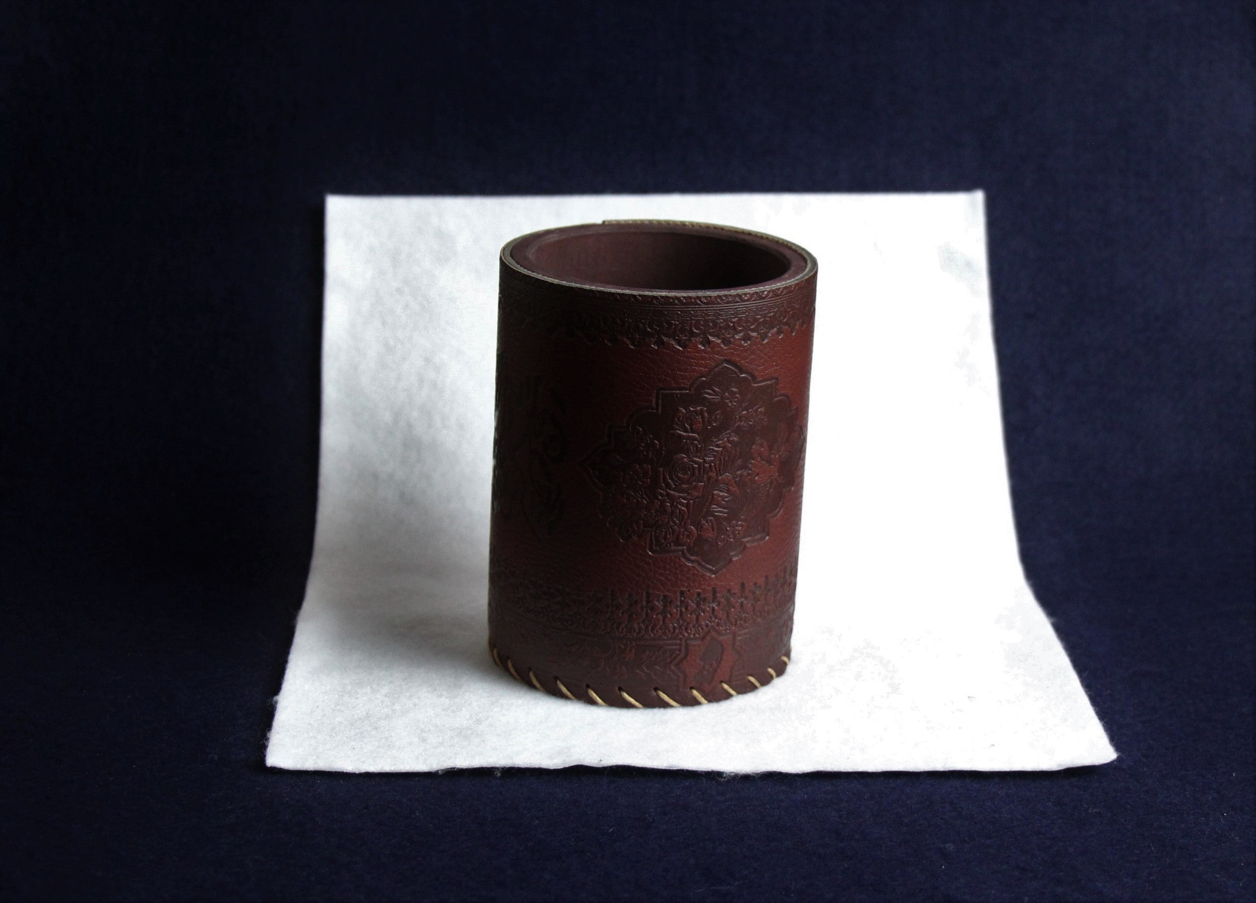 Faux leather qalam pen stand with Persian calligraphy - burnt sienna