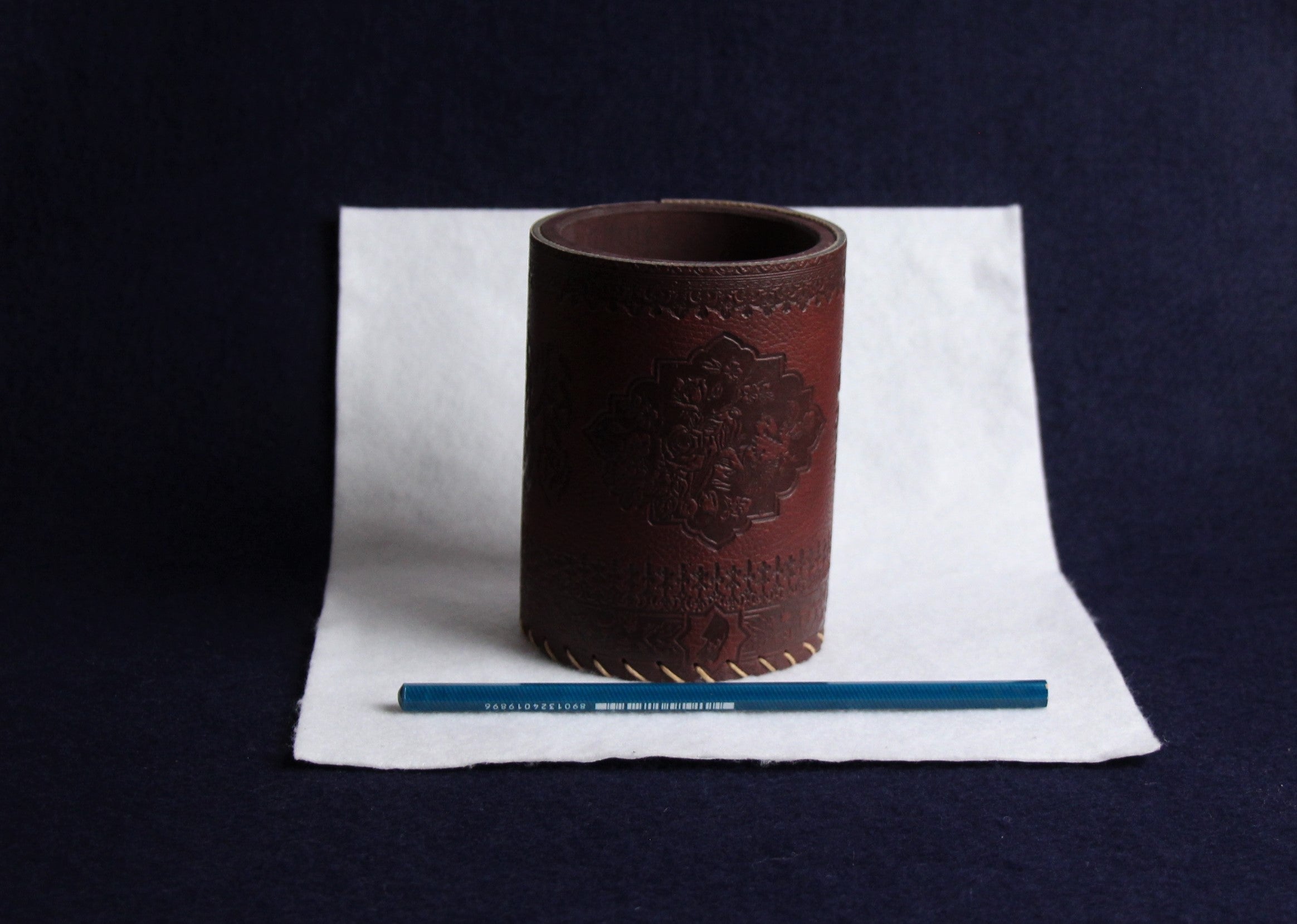 Faux leather qalam pen stand with Persian calligraphy - burnt sienna