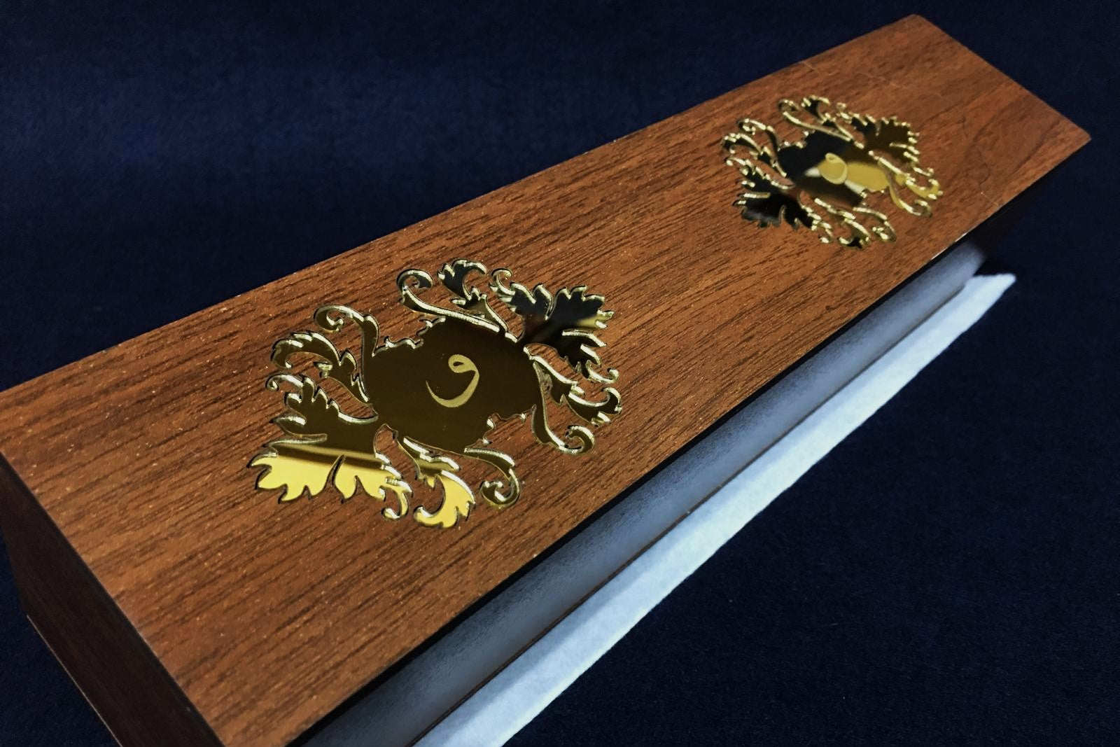 Large wooden kalamdan pen case with golden metallic decoration